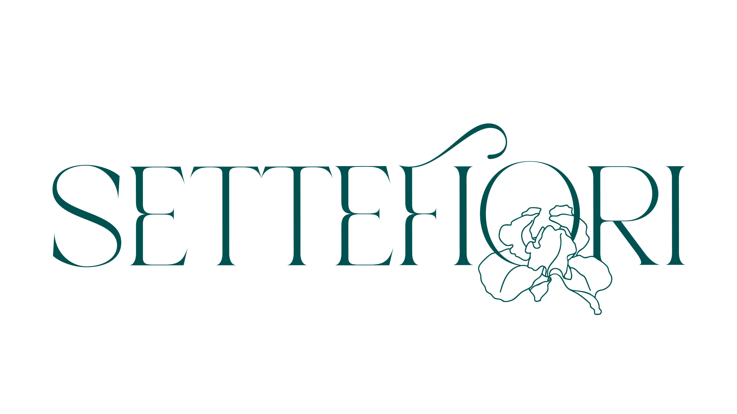Marchio dell'Hotel Settefiori di Firenze, costituito da una scritta in font Caroline Luxury "Settefiori" e da un fiore simile al giglio fiorentino appoggiato sulla O della scritta.